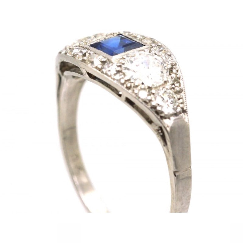 Luxury Jewelry Halo Asscher & Round Cut Blue & White Sapphire Engagement Rings