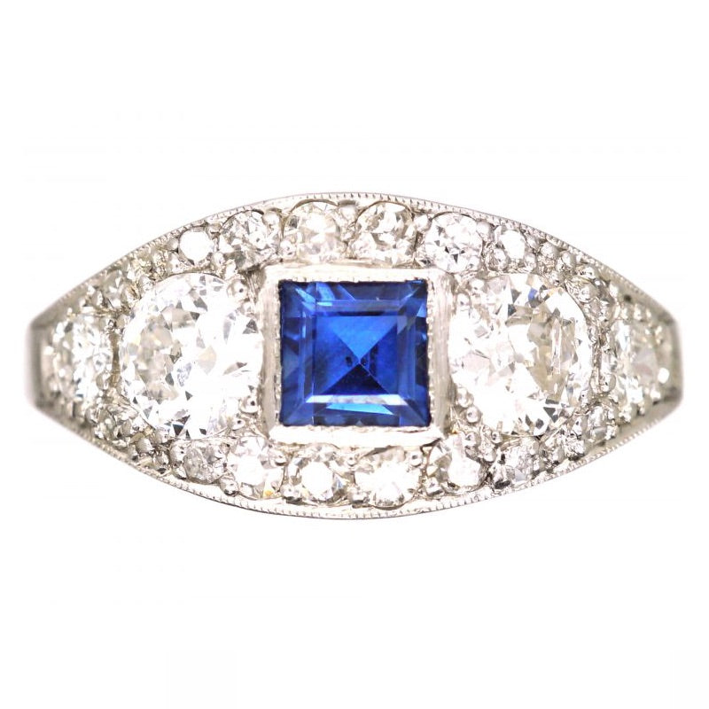 Luxury Jewelry Halo Asscher & Round Cut Blue & White Sapphire Engagement Rings