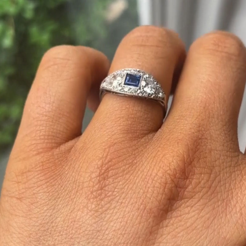 Luxury Jewelry Halo Asscher & Round Cut Blue & White Sapphire Engagement Rings
