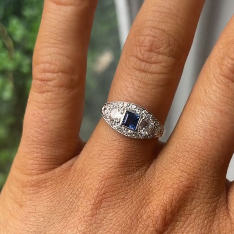 Luxury Jewelry Halo Asscher & Round Cut Blue & White Sapphire Engagement Rings