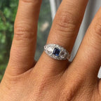 Luxury Jewelry Halo Asscher & Round Cut Blue & White Sapphire Engagement Rings