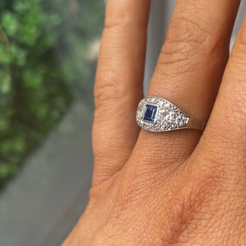 Luxury Jewelry Halo Asscher & Round Cut Blue & White Sapphire Engagement Rings