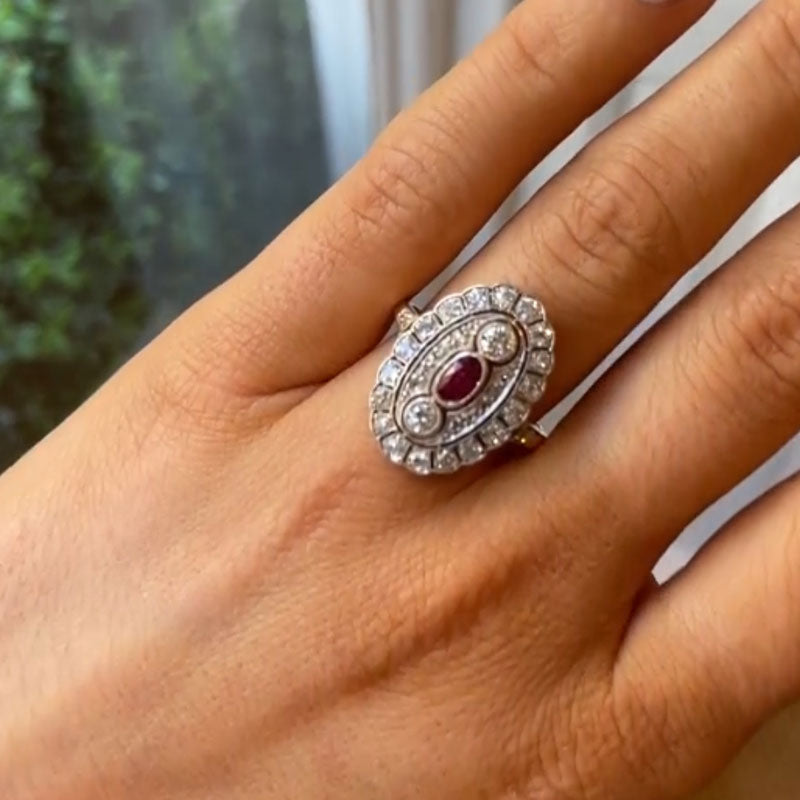 Luxury Jewelry Art Deco Two Tone Halo Oval & Round Cut Ruby & White Sapphire Engagement Rings