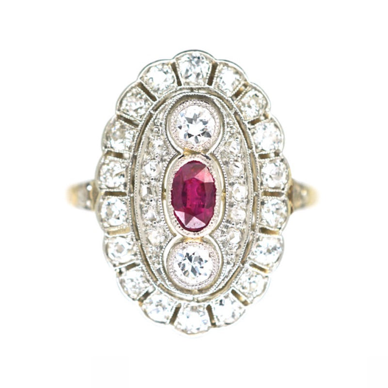Luxury Jewelry Art Deco Two Tone Halo Oval & Round Cut Ruby & White Sapphire Engagement Rings