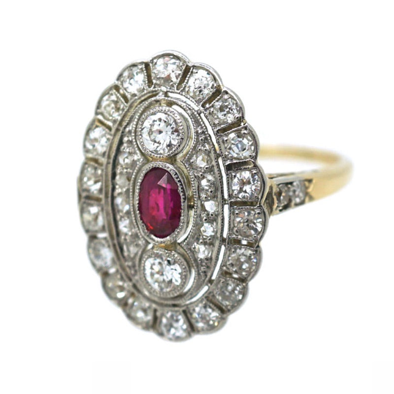 Luxury Jewelry Art Deco Two Tone Halo Oval & Round Cut Ruby & White Sapphire Engagement Rings