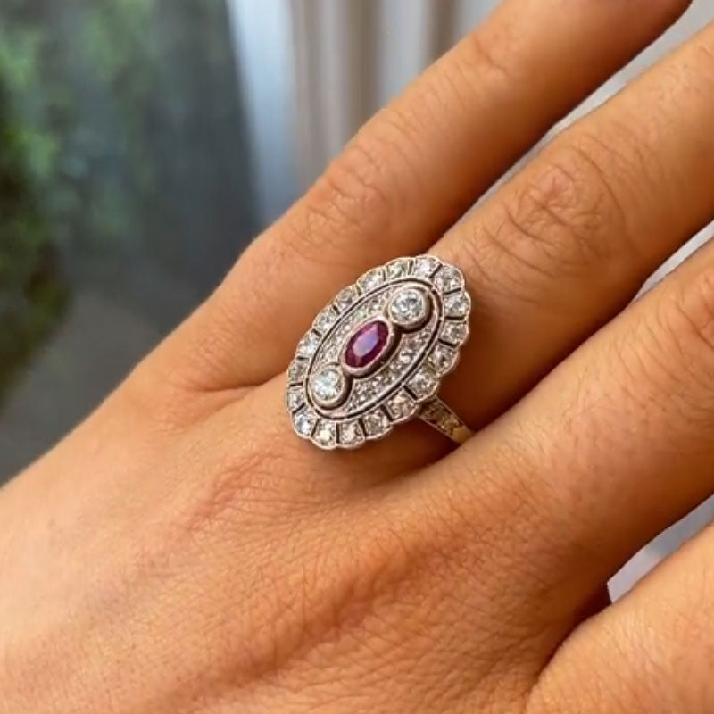 Luxury Jewelry Art Deco Two Tone Halo Oval & Round Cut Ruby & White Sapphire Engagement Rings