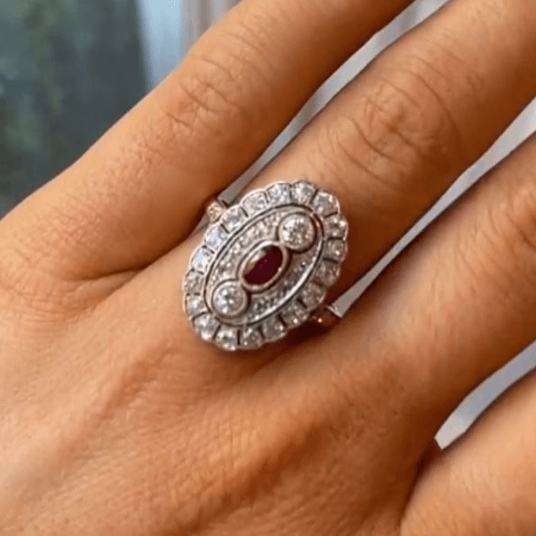 Luxury Jewelry Art Deco Two Tone Halo Oval & Round Cut Ruby & White Sapphire Engagement Rings