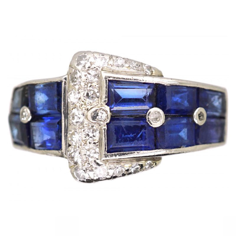 Luxury Jewelry Art Deco Iridium Buckle Design Emerald Cut Blue & White Sapphire Half Eternity Wedding Band For Women