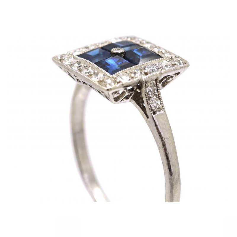 Luxury Jewelry Art Deco Halo Asscher Cut Blue & White Sapphire Engagement Rings