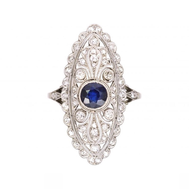 Luxury Jewelry Vintage Design Cluster Halo Round Cut Blue & White Sapphire Engagement Rings