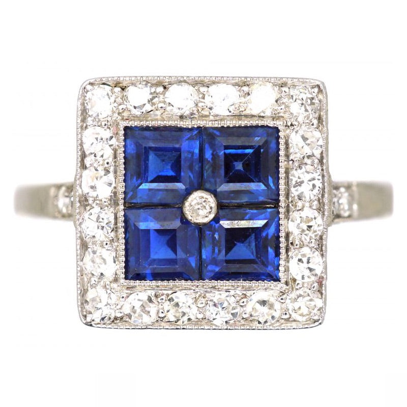 Luxury Jewelry Art Deco Halo Asscher Cut Blue & White Sapphire Engagement Rings