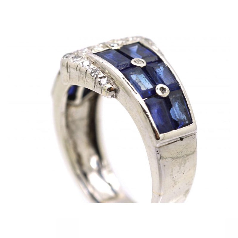 Luxury Jewelry Art Deco Iridium Buckle Design Emerald Cut Blue & White Sapphire Half Eternity Wedding Band For Women