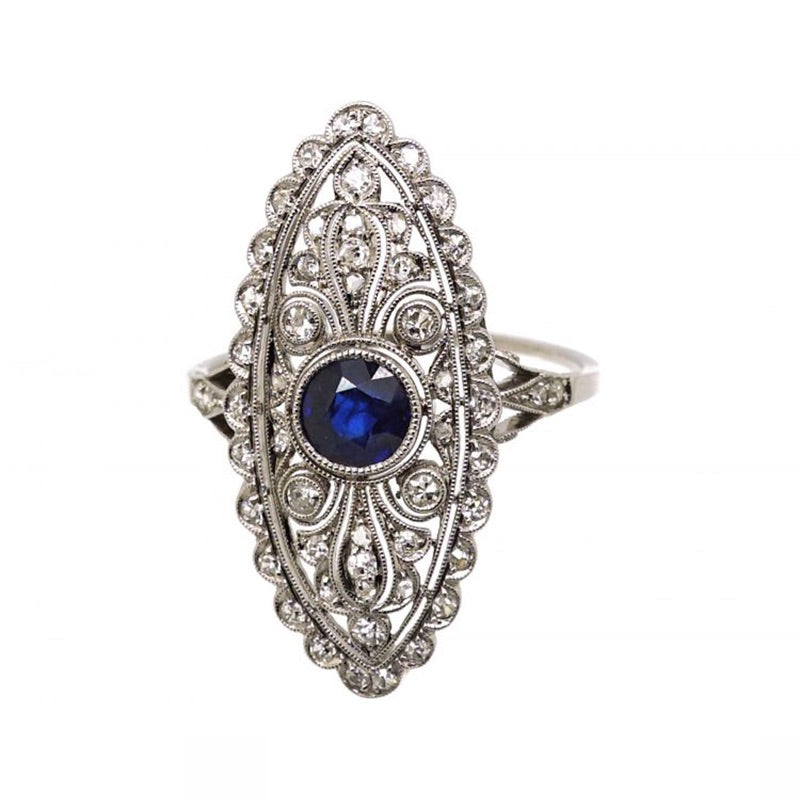 Luxury Jewelry Vintage Design Cluster Halo Round Cut Blue & White Sapphire Engagement Rings