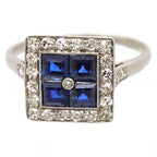 Luxury Jewelry Art Deco Halo Asscher Cut Blue & White Sapphire Engagement Rings