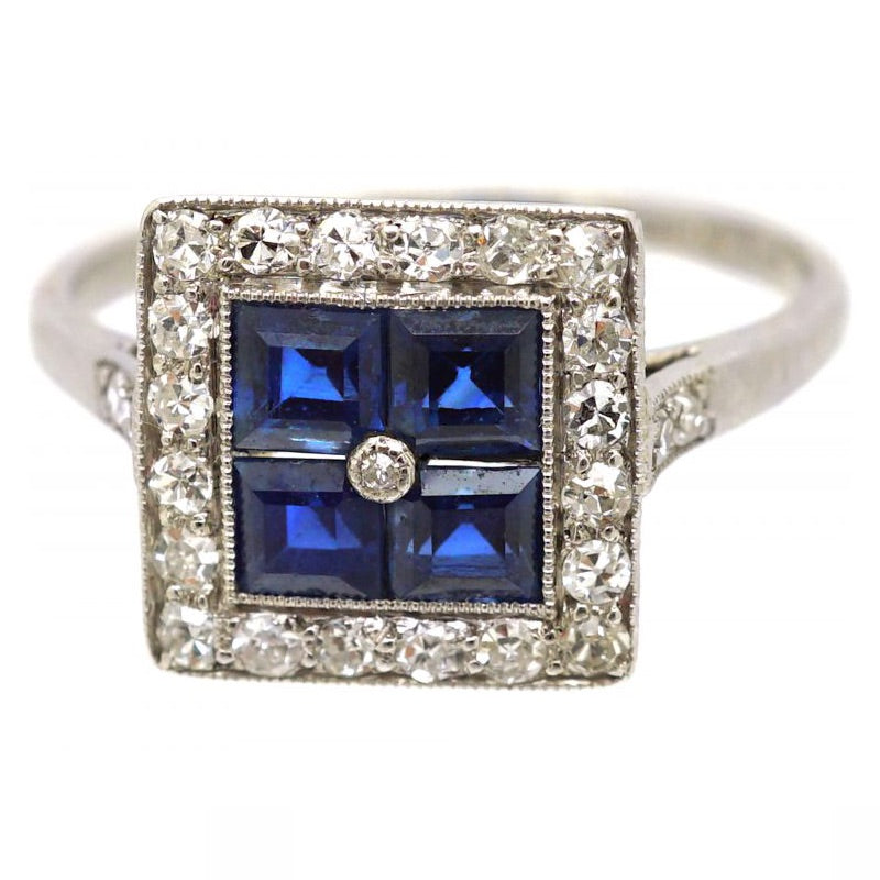 Luxury Jewelry Art Deco Halo Asscher Cut Blue & White Sapphire Engagement Rings