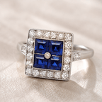 Luxury Jewelry Art Deco Halo Asscher Cut Blue & White Sapphire Engagement Rings