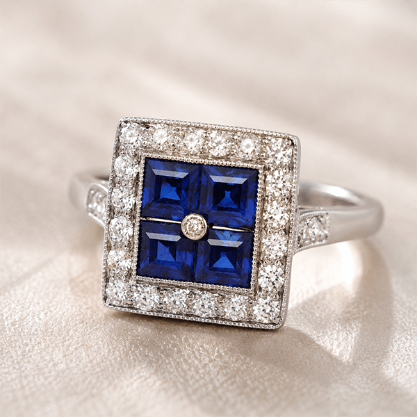 Luxury Jewelry Art Deco Halo Asscher Cut Blue & White Sapphire Engagement Rings
