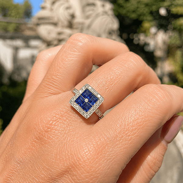 Luxury Jewelry Art Deco Halo Asscher Cut Blue & White Sapphire Engagement Rings
