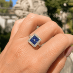 Luxury Jewelry Art Deco Halo Asscher Cut Blue & White Sapphire Engagement Rings