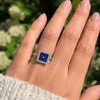 Luxury Jewelry Art Deco Halo Asscher Cut Blue & White Sapphire Engagement Rings