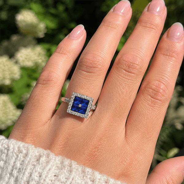 Luxury Jewelry Art Deco Halo Asscher Cut Blue & White Sapphire Engagement Rings