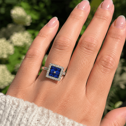 Luxury Jewelry Art Deco Halo Asscher Cut Blue & White Sapphire Engagement Rings