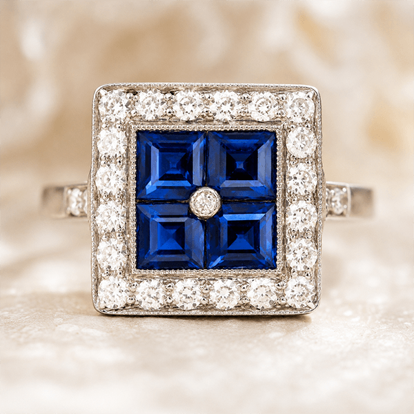 Luxury Jewelry Art Deco Halo Asscher Cut Blue & White Sapphire Engagement Rings