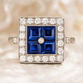 Luxury Jewelry Art Deco Halo Asscher Cut Blue & White Sapphire Engagement Rings