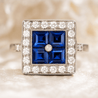 Luxury Jewelry Art Deco Halo Asscher Cut Blue & White Sapphire Engagement Rings