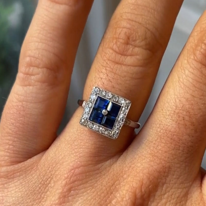 Luxury Jewelry Art Deco Halo Asscher Cut Blue & White Sapphire Engagement Rings