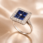 Luxury Jewelry Art Deco Halo Asscher Cut Blue & White Sapphire Engagement Rings