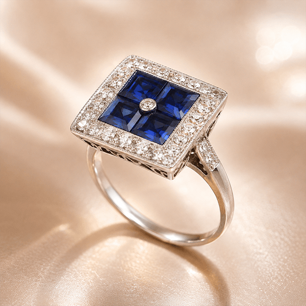 Luxury Jewelry Art Deco Halo Asscher Cut Blue & White Sapphire Engagement Rings