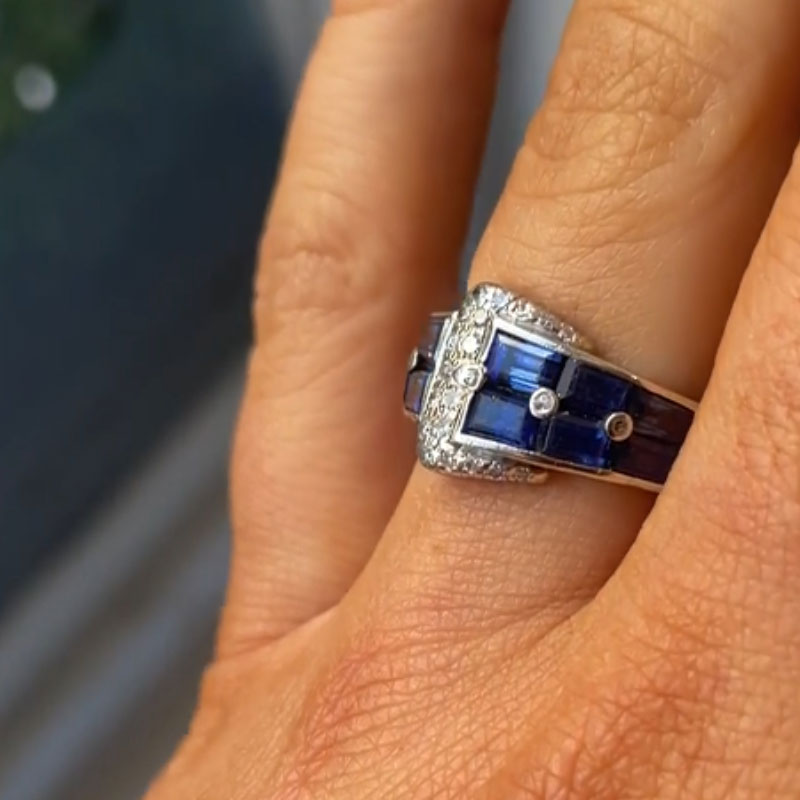 Luxury Jewelry Art Deco Iridium Buckle Design Emerald Cut Blue & White Sapphire Half Eternity Wedding Band For Women