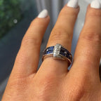 Luxury Jewelry Art Deco Iridium Buckle Design Emerald Cut Blue & White Sapphire Half Eternity Wedding Band For Women