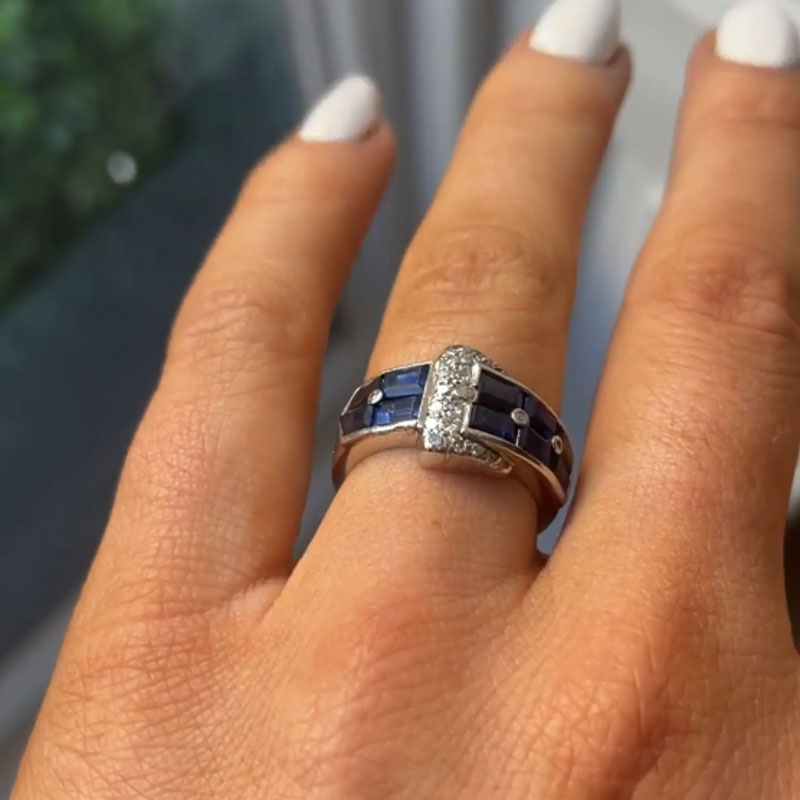 Luxury Jewelry Art Deco Iridium Buckle Design Emerald Cut Blue & White Sapphire Half Eternity Wedding Band For Women