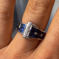 Luxury Jewelry Art Deco Iridium Buckle Design Emerald Cut Blue & White Sapphire Half Eternity Wedding Band For Women