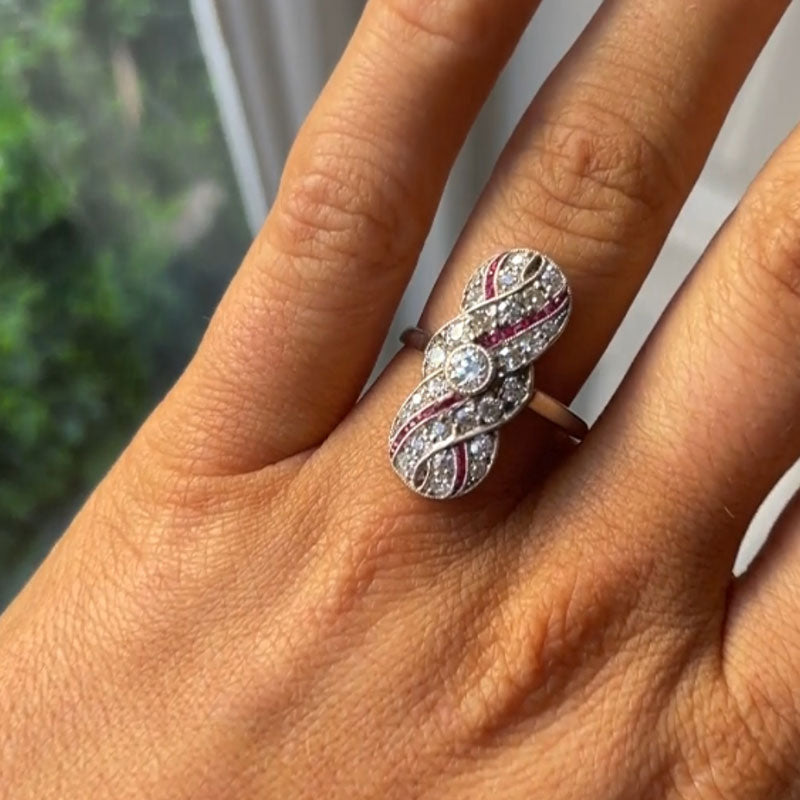 Luxury Jewelry Art Deco Swirl Design Halo Round Cut White & Ruby Sapphire Engagement Rings