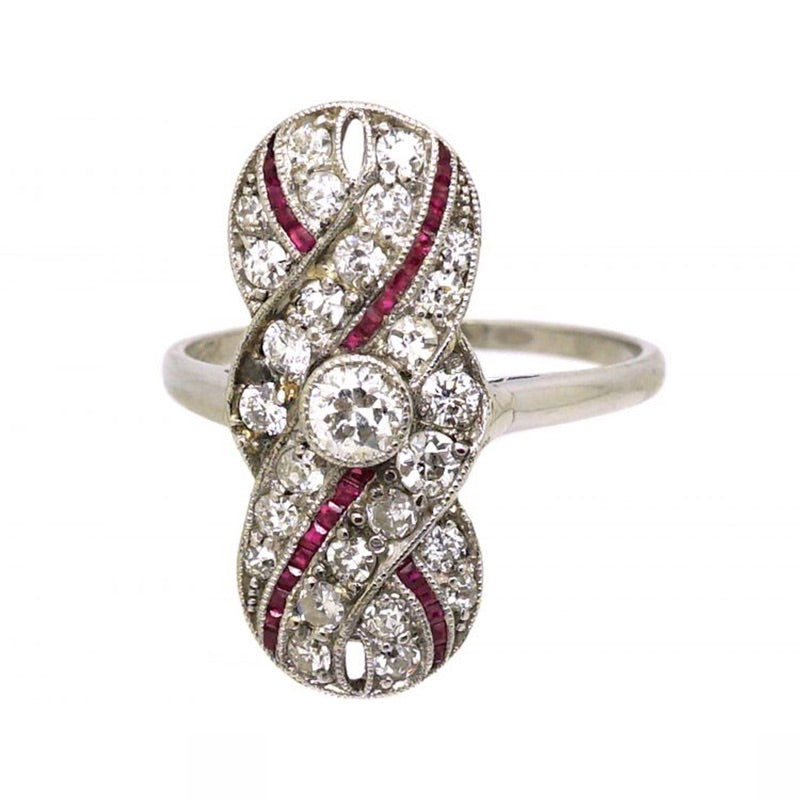 Luxury Jewelry Art Deco Swirl Design Halo Round Cut White & Ruby Sapphire Engagement Rings