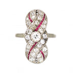Luxury Jewelry Art Deco Swirl Design Halo Round Cut White & Ruby Sapphire Engagement Rings