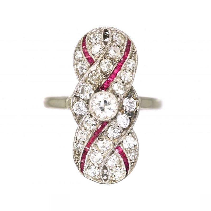 Luxury Jewelry Art Deco Swirl Design Halo Round Cut White & Ruby Sapphire Engagement Rings