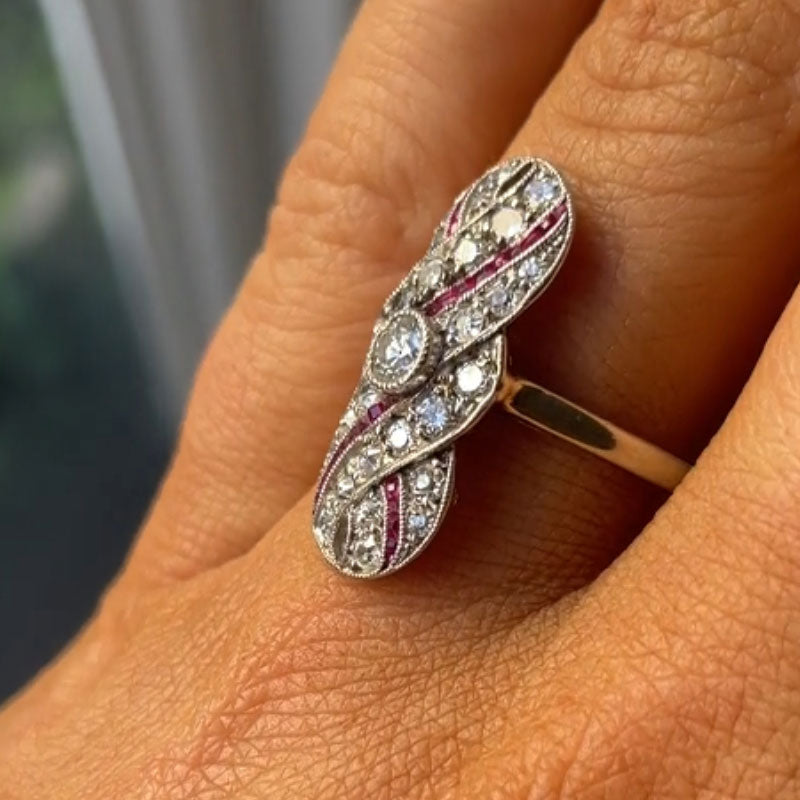 Luxury Jewelry Art Deco Swirl Design Halo Round Cut White & Ruby Sapphire Engagement Rings