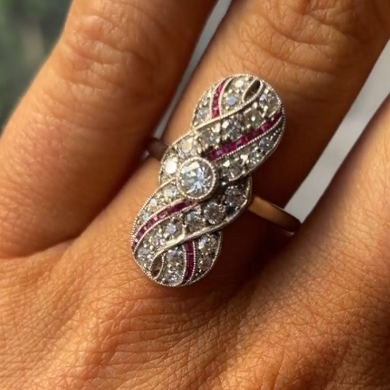 Luxury Jewelry Art Deco Swirl Design Halo Round Cut White & Ruby Sapphire Engagement Rings
