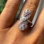 Luxury Jewelry Art Deco Swirl Design Halo Round Cut White & Ruby Sapphire Engagement Rings