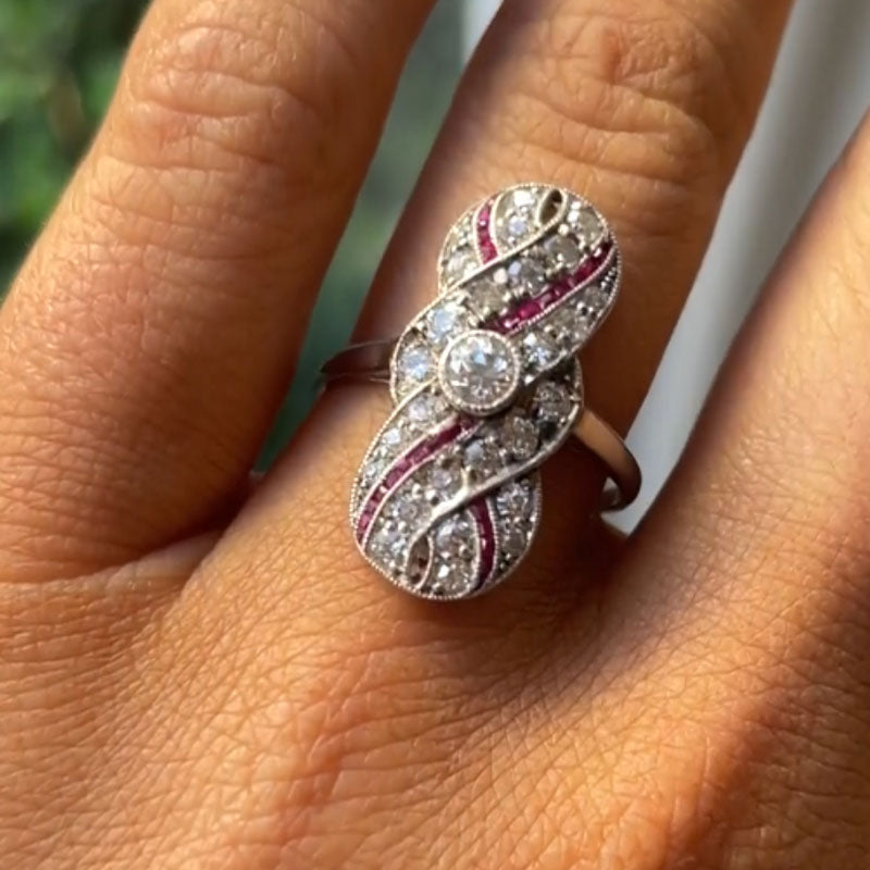 Luxury Jewelry Art Deco Swirl Design Halo Round Cut White & Ruby Sapphire Engagement Rings