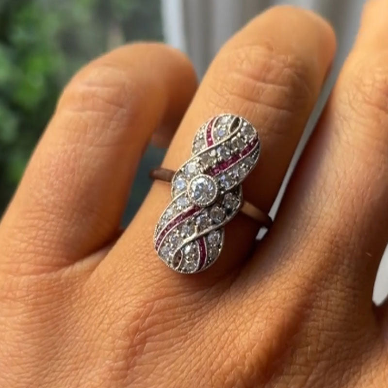 Luxury Jewelry Art Deco Swirl Design Halo Round Cut White & Ruby Sapphire Engagement Rings