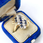 Luxury Jewelry Cluster Natural Design Golden Round Cut Blue & White Sapphire Anniversary Ring