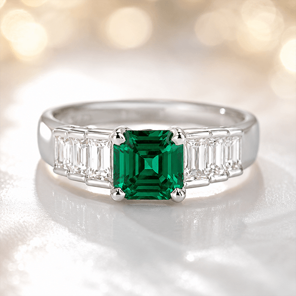 Luxury Jewelry Vintage Design Asscher Cut Emerald & White Sapphire Engagement Rings