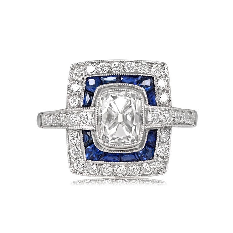 Luxury Jewelry Antique Design Double Halo Cushion Cut White & Blue Sapphire Engagement Rings