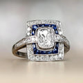 Luxury Jewelry Antique Design Double Halo Cushion Cut White & Blue Sapphire Engagement Rings