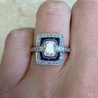 Luxury Jewelry Antique Design Double Halo Cushion Cut White & Blue Sapphire Engagement Rings